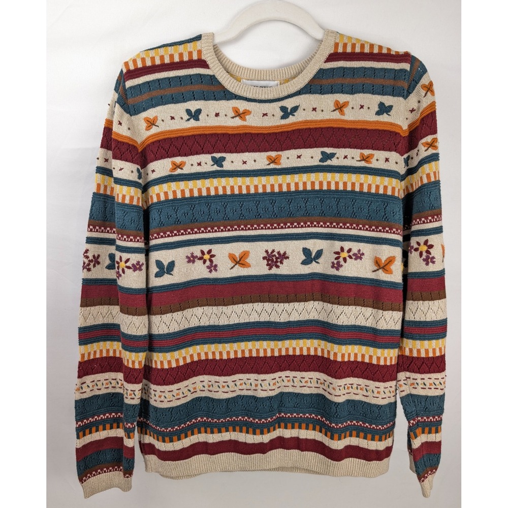Vintage 90s Floral Embroidered Fall Sweater Size Petite L Striped Cottagecore